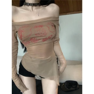 Xương Đòn Retro Áo Thun Dài Tay Lưới Không Đều Chống Nắng Thiết Kế Top Niche Mùa Hè In Hình Hot Girl One-Line WQKX