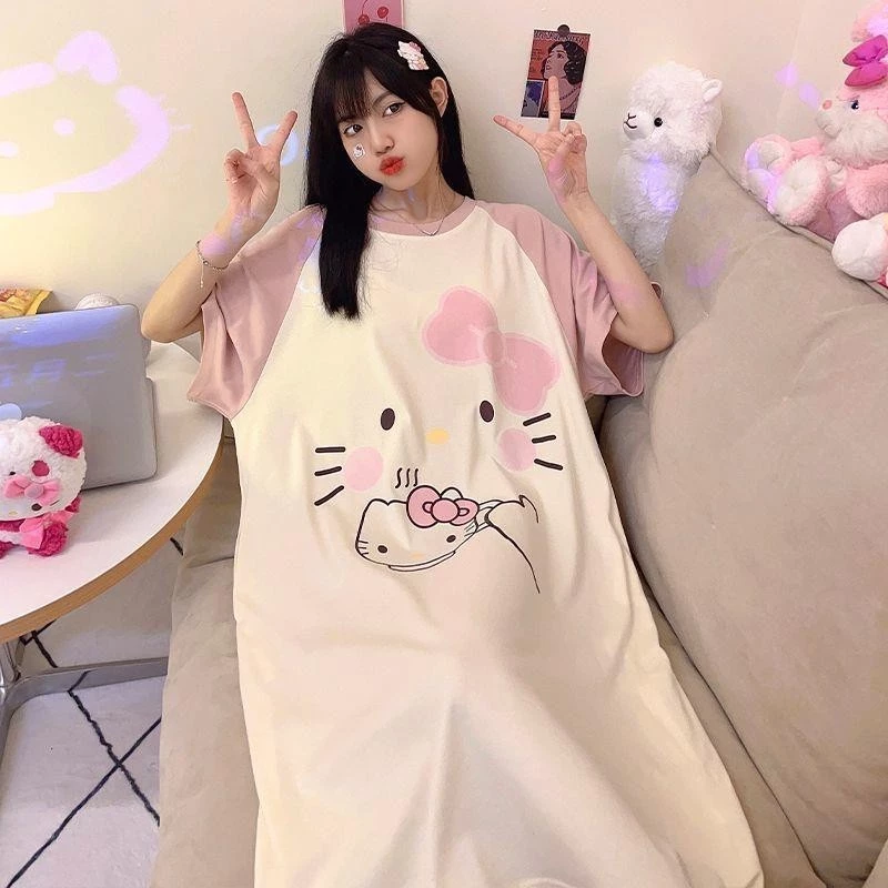 Váy ngủ ngắn tay mới dành cho nữ mùa hè dáng rộng kích thước lớn hoạt hình dễ thương sinh viên nữ đồ ngủ mùa xuân hè thu