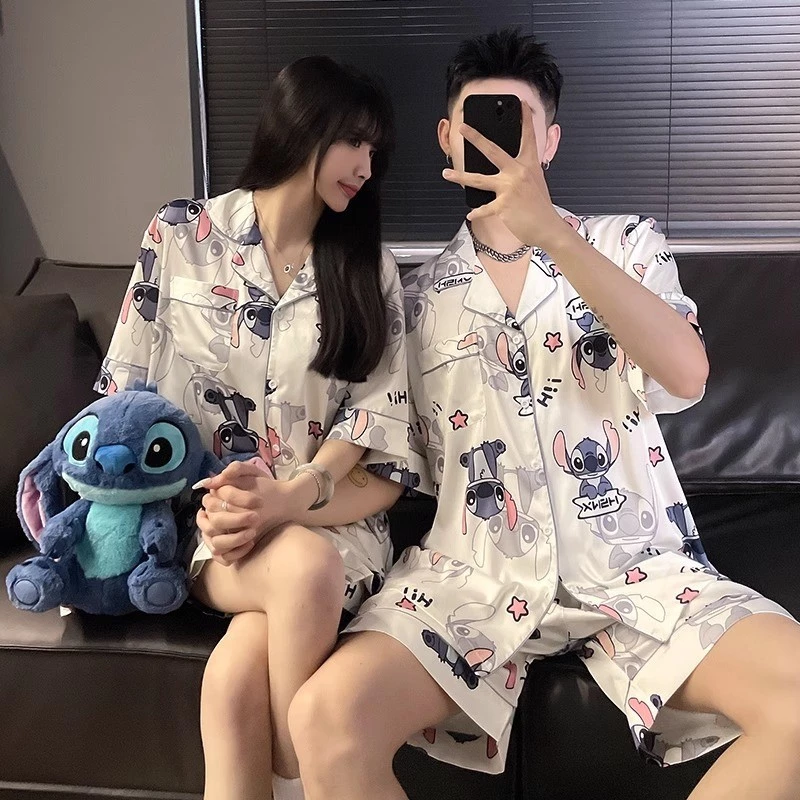 Stitch Bộ Đồ Ngủ Cặp Đôi M-3XL Lụa Đồ Ngủ Cho Người Yêu Bộ Người Phụ Nữ Và Nam Hoạt Hình Bộ Đồ Ngủ Tay Ngắn Bộ Đồ Ngủ