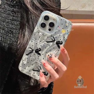 Tương Thích Cho iPhone 11 15 14 13 12 Pro Xs Max XR X 7 8 Plus SE 2020 Ins Sang Trọng Chống Vân Tay Laser Siêu Mỏng Lông Vũ Vỏ Điện Thoại Dễ Thương Nơ Đen Chống Sốc Ốp Lưng