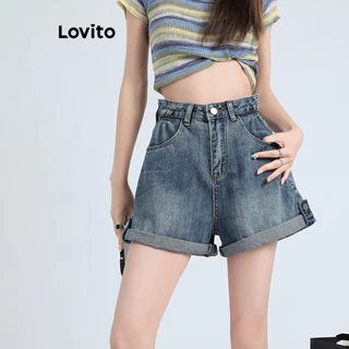 Lovito Quần short denim có nút trơn thông thường cho nữ LNE54530