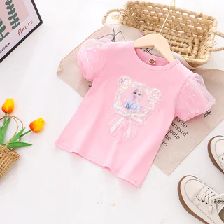 Hàng sẵn có trong ngày Giao hàng cho bé gái Phong cách phương Tây cổ tròn Áo thun Cotton hoạt hình công chúa bong bóng Áo thun ngắn tay mùa hè Công chúa mỏng Elsa Trẻ em Brea 