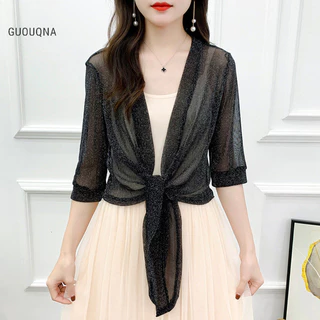 Guouqna Áo khoác sành điệu Cardigan nửa tay phía trước Áo khoác buộc dây nữ Áo khoác ngắn mỏng BASL