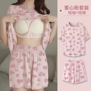 Bộ Đồ Ngủ Ngắn Tay Mùa Hè Nữ Giả Cotton Nhiều Màu Sắc Chấm Có Miếng Lót Ngực Thường Ngày Ngọt Ngào Homewear Phù Hợp Với Có Thể Mặc Bên Ngoài