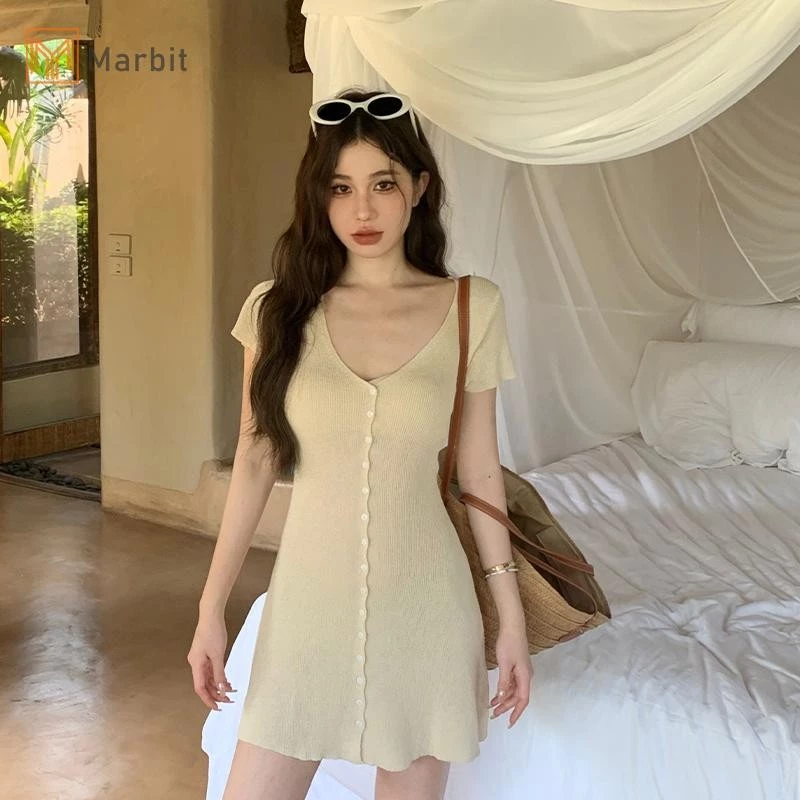 Marbit Thời Trang Đơn Giản Cổ Chữ V Dệt Kim Nữ Ôm Eo Chữ A Đầm Mùa Hè Mới