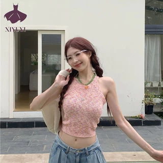 Xiyuyi Áo Vest Nữ Hot Girl Màu Hồng Dệt Kim Suspender Đáy Slim Fit Rốn-Baring Crop Top