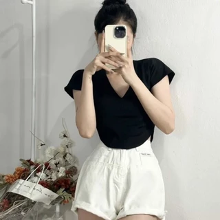 Áo croptop nữ tay ngắn vạt bầu cổ tim chất thun cotton 2 chiều mềm mịn mát - A0166 SAKE guuu guu