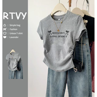 「RTVY」Áo thun cổ tròn in chữ nơ có thiết kế giảm béo Áo ngắn tay dành cho nữ