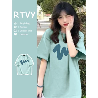 「RTVY」Áo thun ngắn tay màu xanh nhạt mùa hè sọc Oversize in hình cổ tròn dáng rộng cho nữ