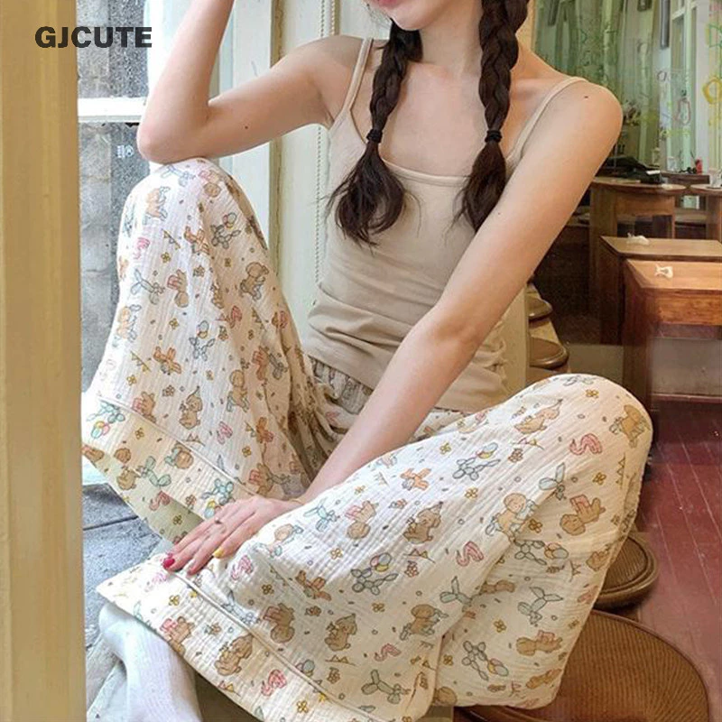 Gjcute Bộ Đồ Ngủ Quần Nữ Hoạt Hình In Hình Ống Rộng Thường Ngày Bộ Đồ Ngủ Mùa Hè Quần WTD