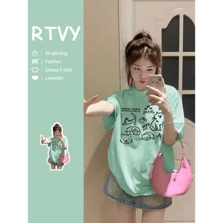 「RTVY」Áo thun Cotton ngắn tay nguyên chất mùa hè Oversize Cat In chữ dáng rộng Unisex hàng đầu