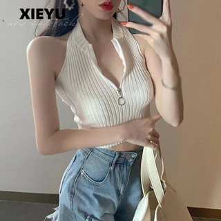 Tạp dề viền cổ đôi dệt kim XIEYUCroptop, màu sắc đơn giản, nhẹ, phù hợp với dây kéo thời trang dành cho nữ