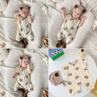 Bộ áo liền quần cho bé, Phong cách mới Mùa hè phiên bản Hàn Quốc Bộ áo liền quần ngắn tay Cotton nguyên chất cho bé trai, Gấu dễ thương Baby Onesie