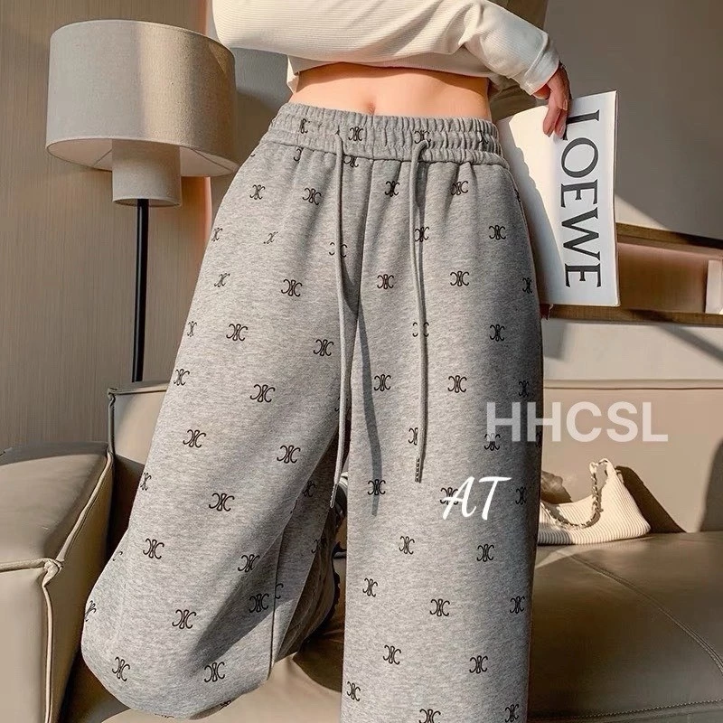 quần  cotton ép sịn 0021   ống rộng  dáng suông có hoạ tiết chữ cạp chun lưng cao có dây rút điều chỉnh eo