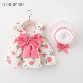 Lithium067 Bé Gái Sling Dress Nơ Không Tay Dây Lông Tơ Đầm Công Chúa Có Gấp Mũ Chống Nắng Cho Tập Đi Trẻ Sơ Sinh