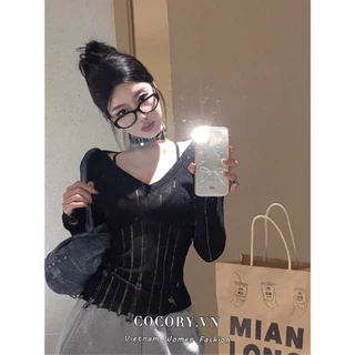 Cocorygirl Thời Trang Tất Cả Trận Đấu Gợi Cảm Ôm Cổ Chữ V Mỏng Áo Len Dệt Kim Nữ Quần Áo Dài Tay Rỗng Y2K Top