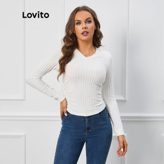Lovito Áo thun xếp nếp trơn đơn giản cho nữ LBL09224