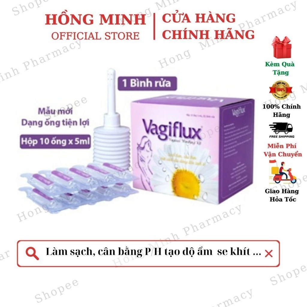 Vagiflux Bình rửa vệ sinh phụ nữ - 1 bình 10 ống muối Chính hãng với berikit vệ sinh giảm ngứa cô bé