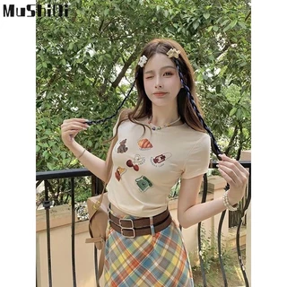 Áo thun nữ MUSHIQI In hình hoạt hình Sweet Dopamine tay ngắn crop Top