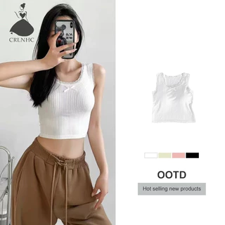 Crlnhc Mùa Hè Nữ Nơ Ngọt Ngào Ren Chắp Vá Màu Trơn Không Tay Slim Camisole Có Miếng Lót Ngực vn