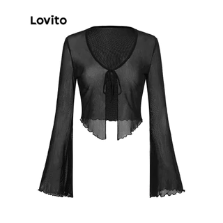 Áo cardigan Lovito Y2K tay trumpet màu trơn buộc dây phong cách thường ngày dành cho nữ L52AD060 (đen)