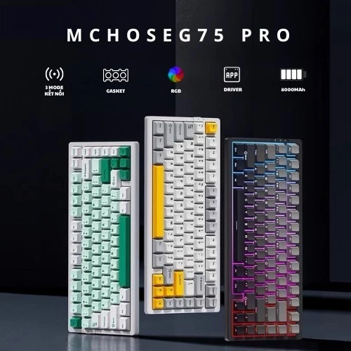 Bàn phím cơ không dây MCHOSE G75 Pro - 3 mode kết nối - Led RGB - Gasket Mount - Mạch xuôi - Hotswap 5 pin - Có appchỉnh