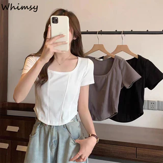 Whimsy Hot Girl Pure Desire Right Vai Ngắn Tay Xương Cá Áo Thun Nữ Phong Cách Hàn Quốc Thiết Kế Mùa Hè Cổ Vuông Không Đều Phong Cách Ngắn