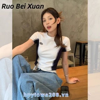 Ruo Bei Xuân Áo thun ngắn tay giản dị và đơn giản dành cho nữ Thiết kế áo thun vai phải đa năng