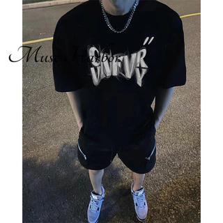 Muse HARBOR Áo thun ngắn tay in chữ thích hợp của Mỹ hiphop đường phố hip-hop màu đen nguyên chất cotton