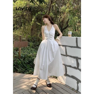 Đầm Lovito vải gân màu trơn có túi buộc dây phía sau xếp nếp phong cách thường ngày dành cho nữ LNE49368