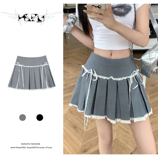 Chân Váy Ngắn Đính Nơ Nữ Xếp Ly Dáng Xòe Phối Ren Cạp Cao Phong Cách Lolita Basic Hottrend Hudutu