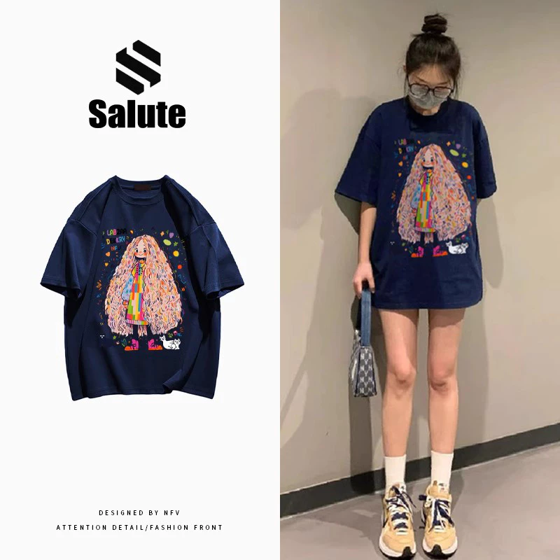 Local brand SALUTE Áo phông nữ Xanh đậm form rộng mùa hè cổ tròn áo thun in hình cute fashion 100% cotton Y1126