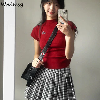 Whimsy Mùa Hè Thêu Nhỏ Cổ Cao Tay Ngắn Áo Thun Nữ slim fit hot girl Áo Ngắn