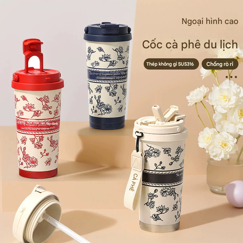 Ly giữ nhiệt hoa 500ml có ống hút chất liệu inox 316, cốc giữ nhiệt có quai xách mang đi học đi làm tiện lợi