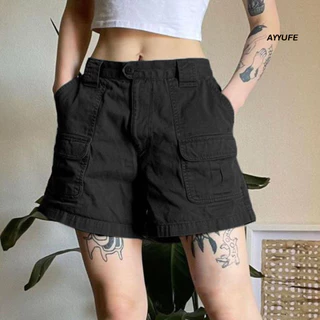 Ayyufe Nữ Quần Short Hàng Hóa Mỏng Retro Màu Trơn Nhiều Túi Rời Nút Dây Kéo Đóng Cửa Giặt Dạo Phố Hip Hop Nữ Quần Ngắn