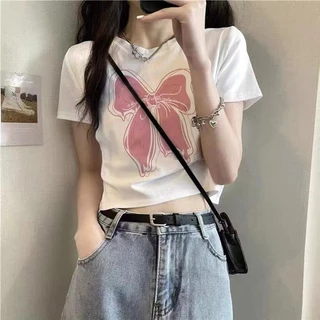 Áo Ngắn Nữ Trắng In Hình Tay Ngắn Nữ Mùa Hè 2024 Phong Cách Mới Hợp Thời Trang Slim-fit Top