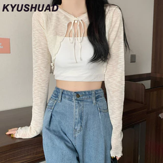 Kyushuad Áo khoác cardigan dài tay mỏng màu trơn phong cách Hàn Quốc Áo khoác nữ ngắn đơn giản