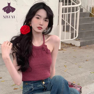 Xiyuyi Áo Vest Nữ Phong Cách Hồng Kông Retro Dây Đỏ Dệt Kim Đa Năng Crop Top