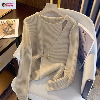 Áo Sweater Dệt Kim Phối Nút Xinh Xắn Theo Phong Cách Pháp