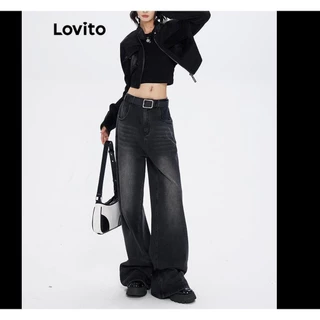 Quần jeans Lovito màu trơn phối túi có dây kéo cài nút phía trước phong cách thường ngày dành cho nữ LNA49080