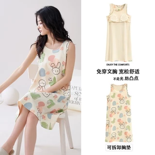 [Tùy chỉnh] Váy ngủ bằng vải Cotton nguyên chất có đệm ngực Túi đôi Cotton mùa hè Bộ đồ ngủ nữ Đồ mặc nhà cho nữ Bán buôn