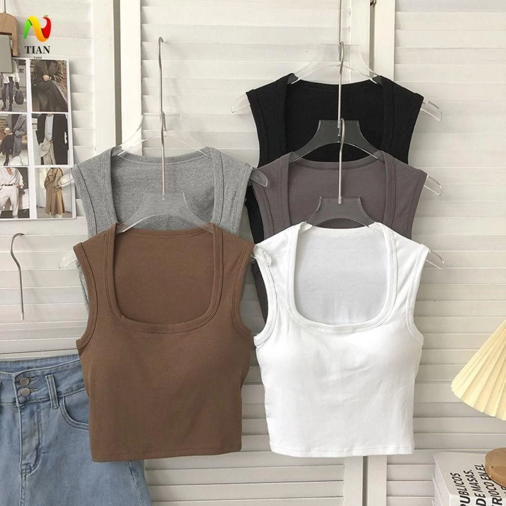 Tian Cổ Vuông Tay Áo Camisole, Có Miếng Lót Ngực Áo Ngực Màu Trơn Gợi Cảm Vuông Tank Top Vest, Cơ Bản Đen Trắng Xám Mỏng Áo Sơ Mi Spice Girl