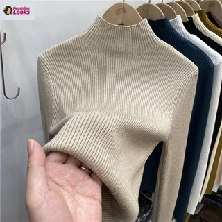 Áo Sweater Tay Dài Cổ Lọ Màu Sắc Đơn Giản Cho Nữ