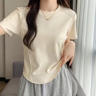 Mùa Hè Mới Màu Trơn Đơn Giản Cổ Tròn Tay Ngắn Crop Top 240429