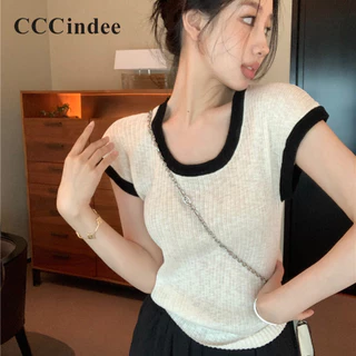 Cccindee Nữ 2024 Thời Trang Mới Màu Sắc Tương Phản Cổ Chữ U Đan Cổ Tròn Tay Ngắn Top