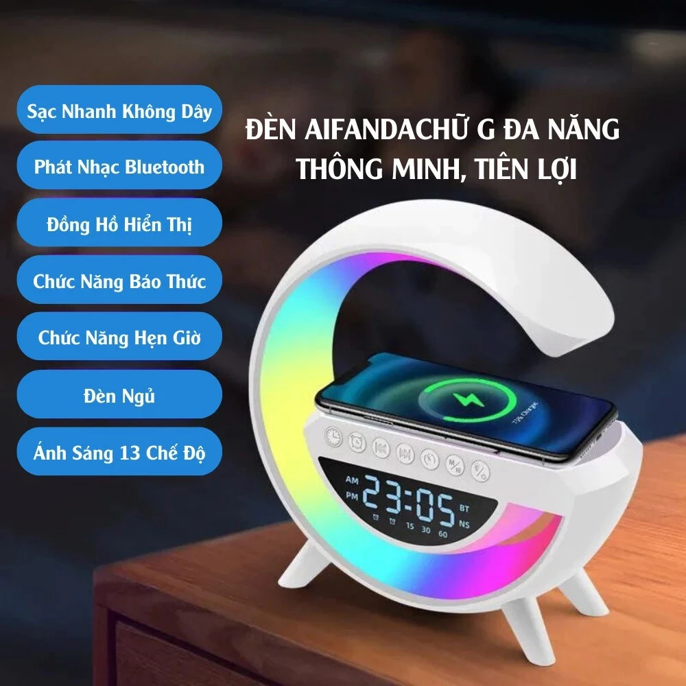 Loa Bluetooth Chữ G Đa Chức Năng, Đen Led RGB Nháy Theo Nhạc, Sạc Nhanh Không Dây, Có Tích Hợp Đồng Hồ Báo Thức