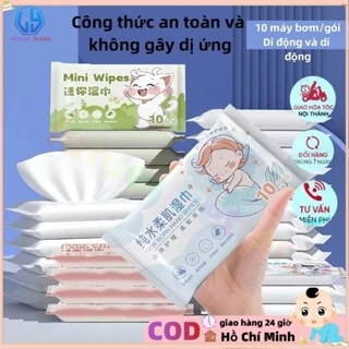 Khăn ướt mini cho bé gói 10 chiếc, nước tinh khiết, an toàn cho da, dễ dàng bỏ vào túi