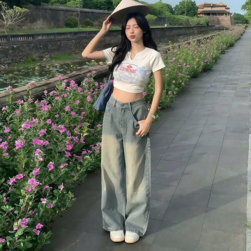Quần Jean Ống Suông Mài Bạc Pha Chút Ánh Vàng Phong Cách