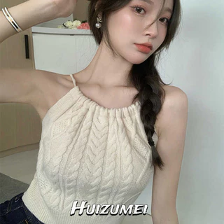 Huizumei Dây dệt kim nữ Áo hai dây không tay phong cách Pháp đáy