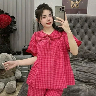 Bộ Ngủ Hè Nữ Kẻ Caro, Bộ Pijama Chất Đũi Mềm Mát Dễ Thương Women